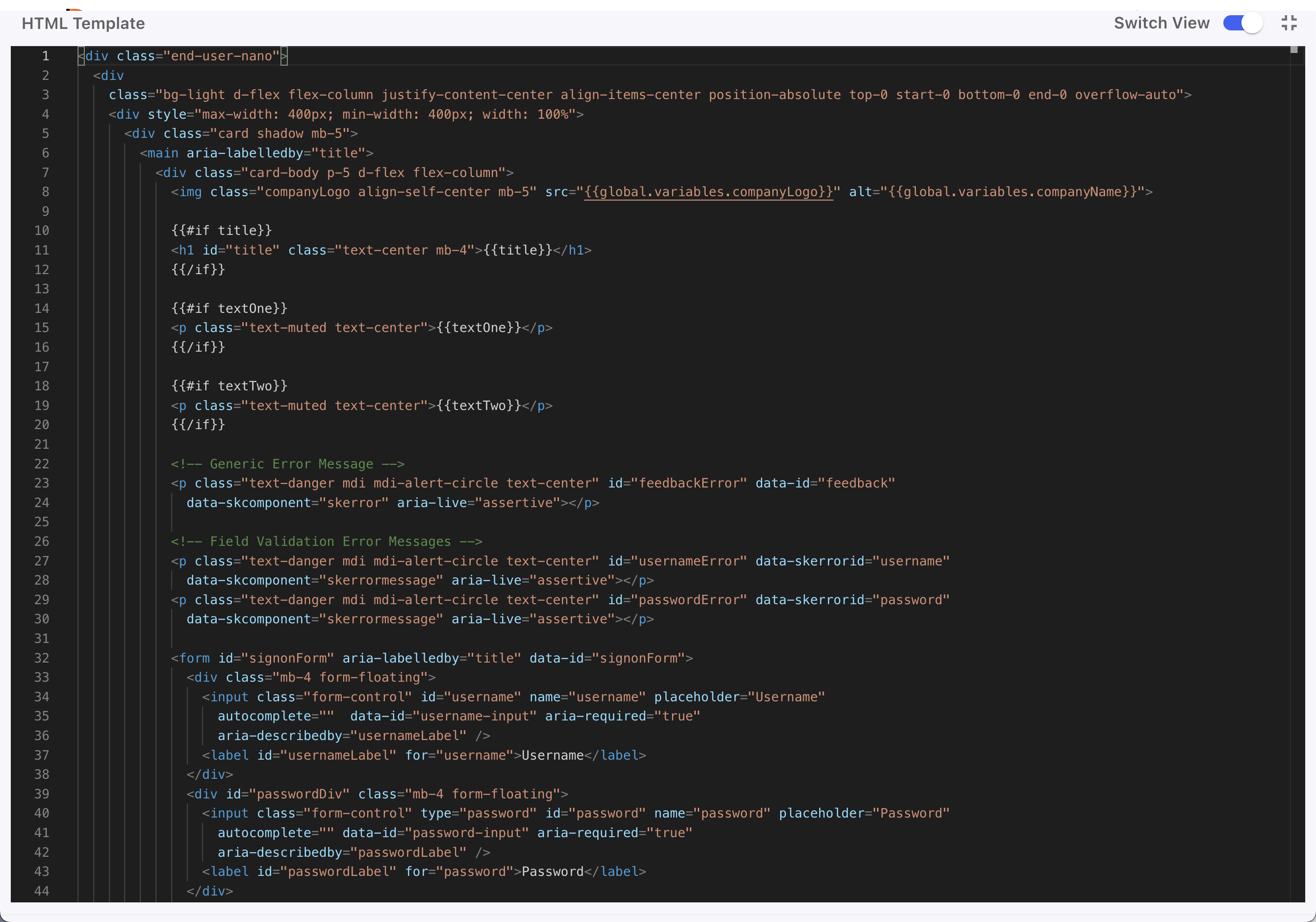 Example custom HTML form in an HTTP connector.