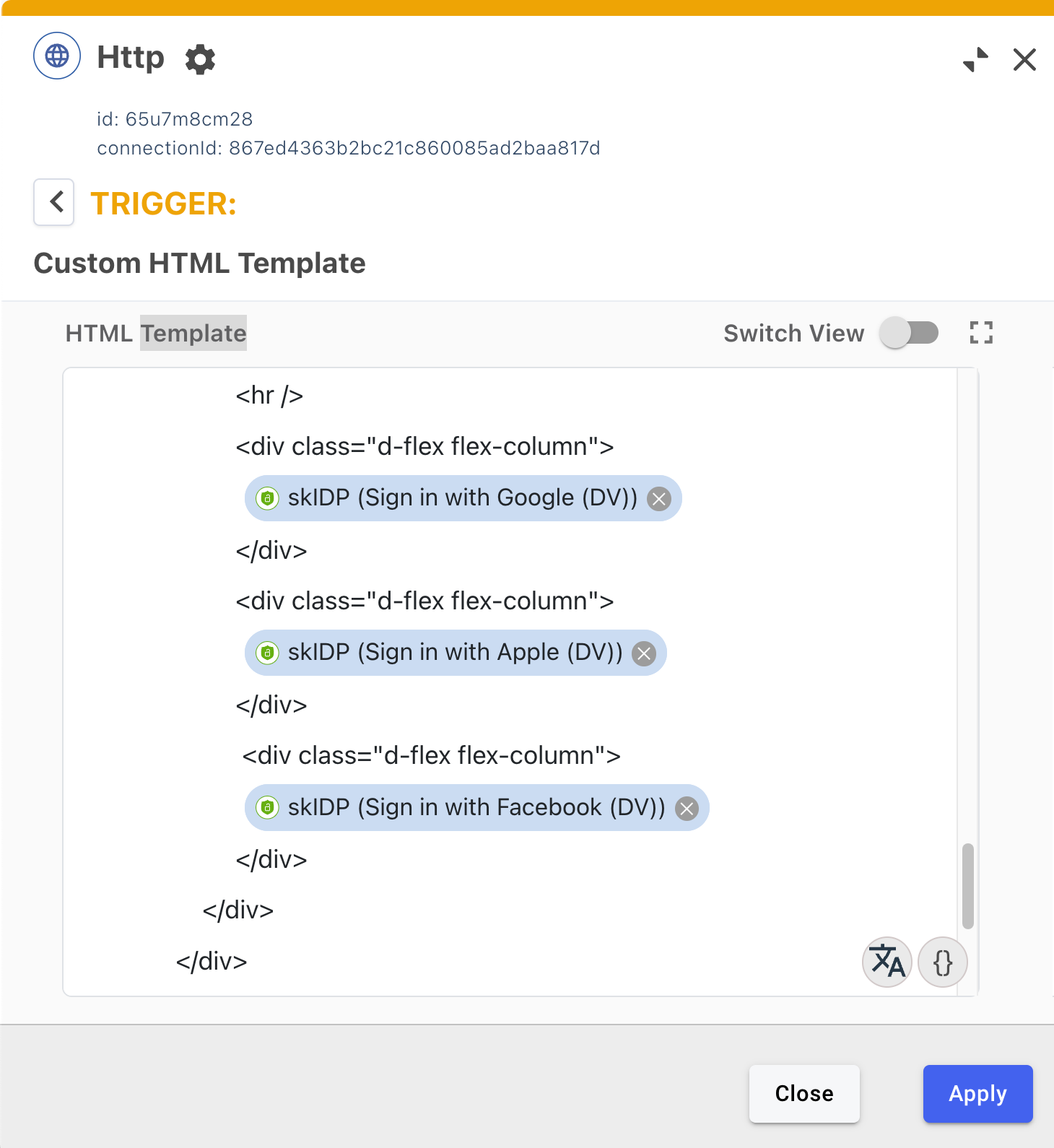 An HTTP connector with custom HTML showing 3 skIdP components.