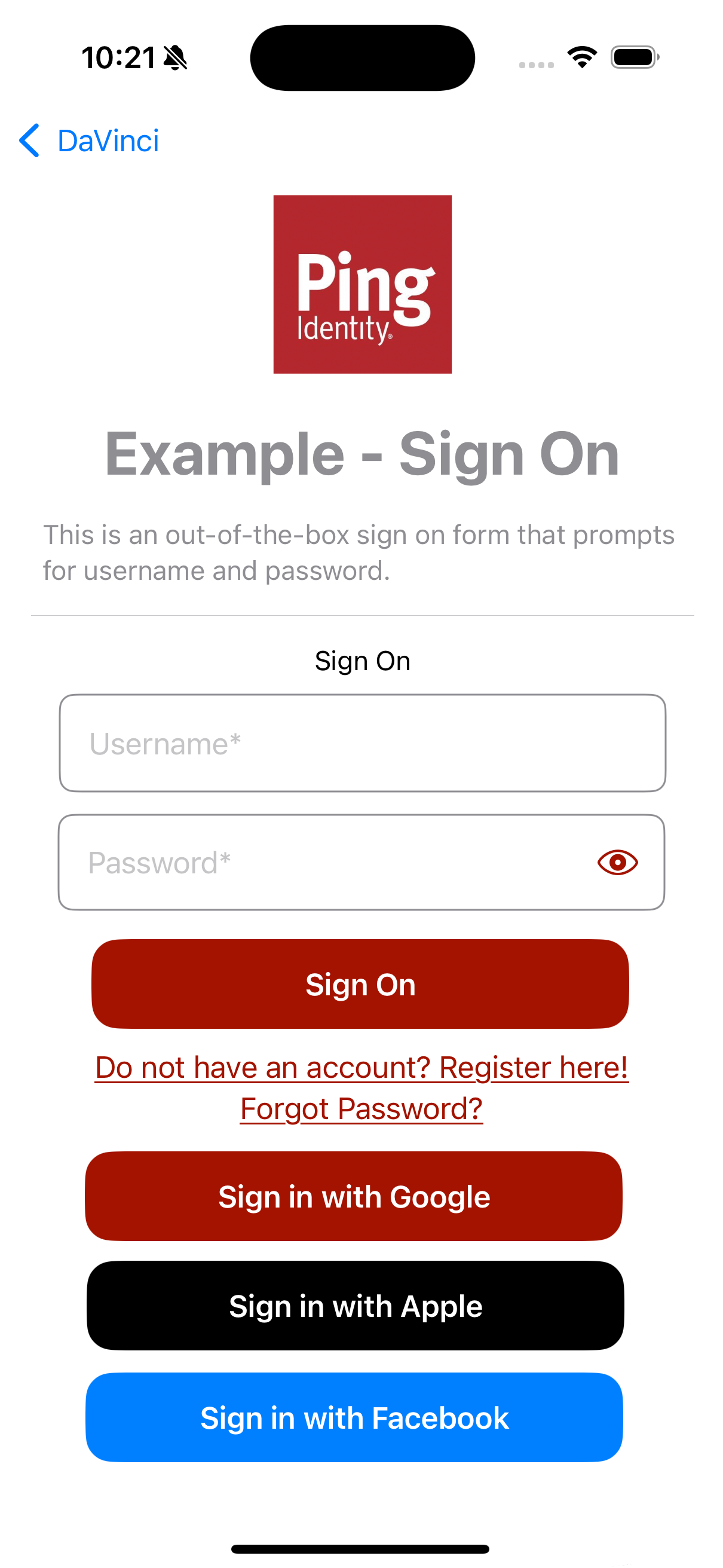 Example iOS app with social sign-on options.