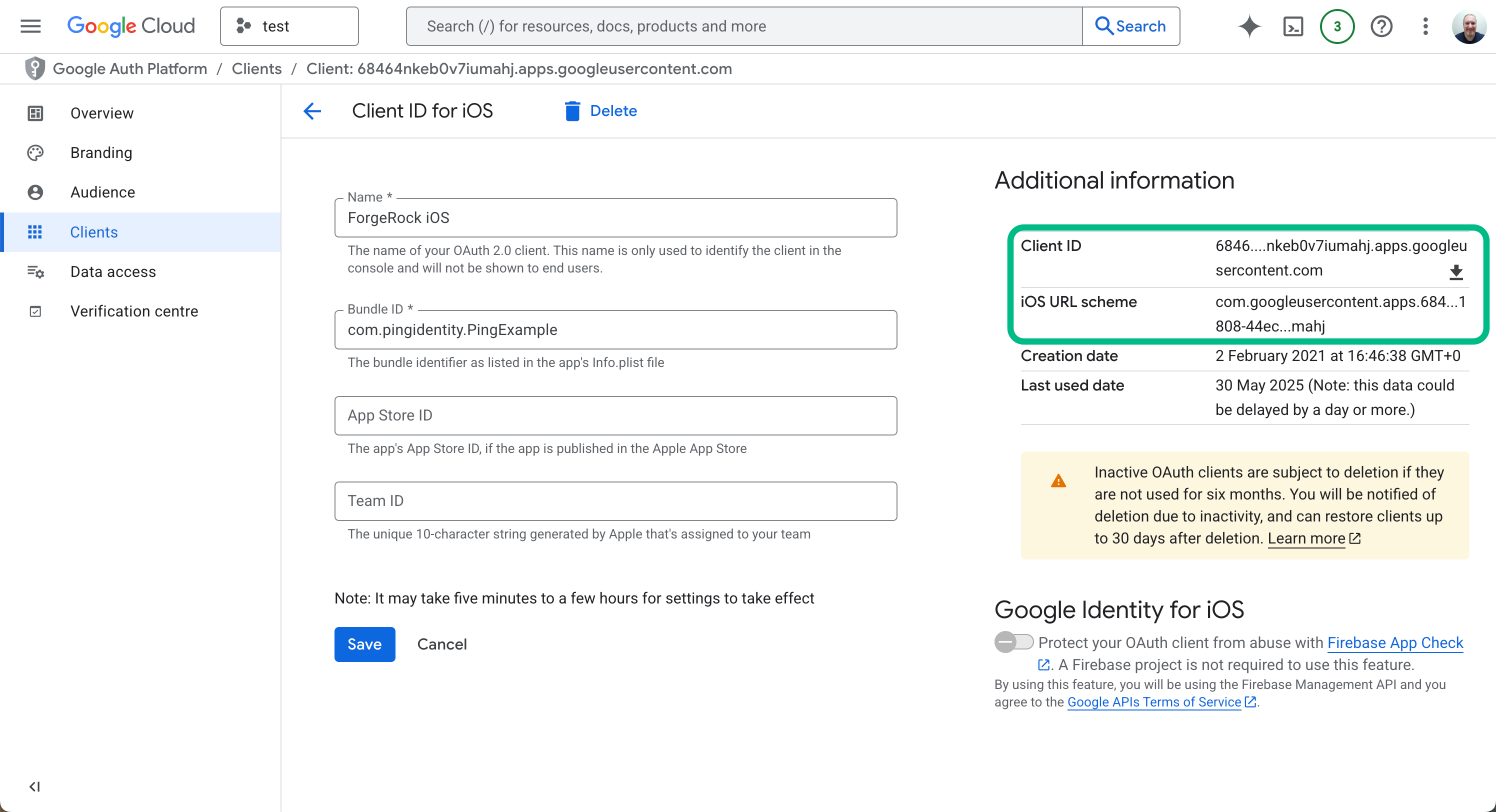 Configuring a client in Google for iOS.
