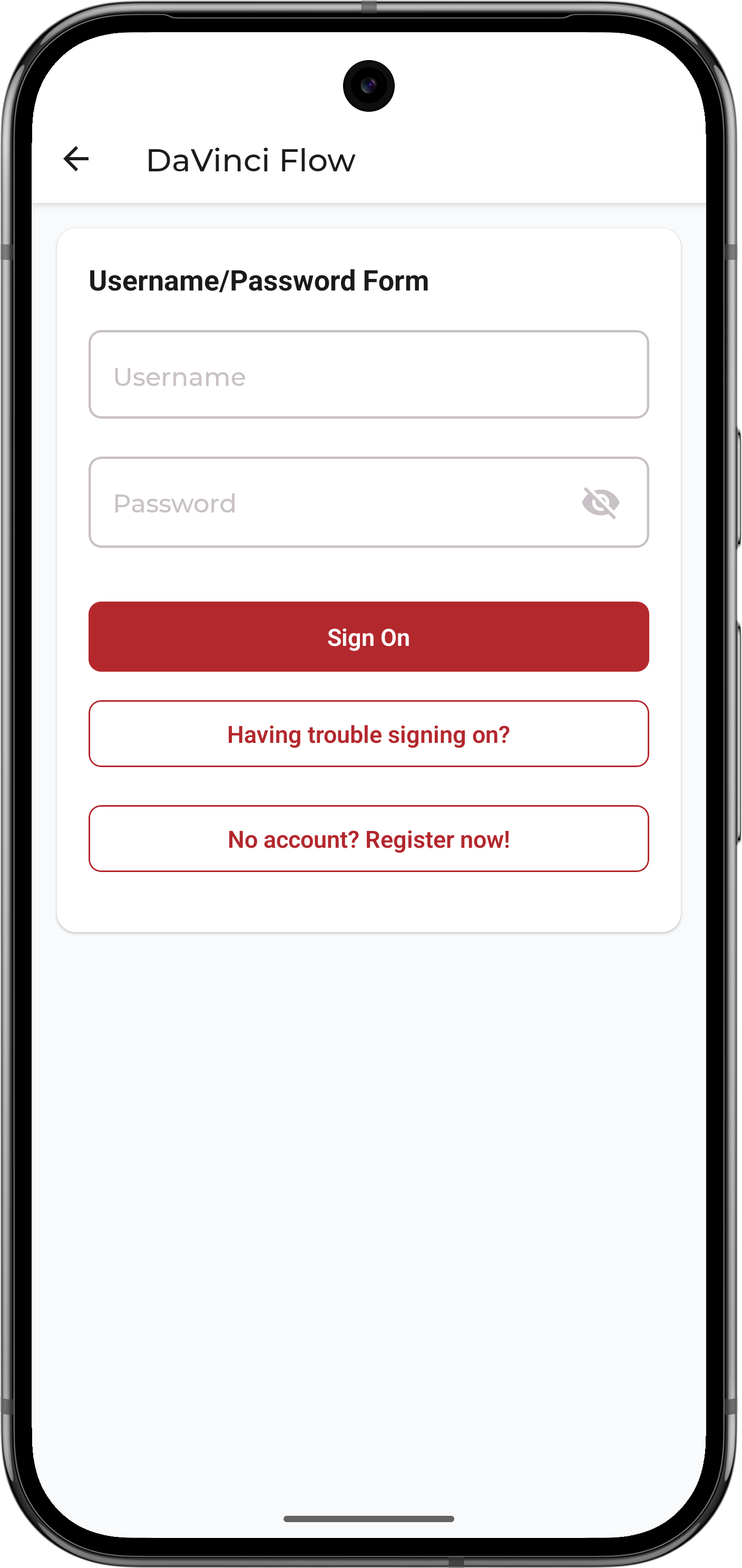 Android screenshot showing the DaVinci flow login screen