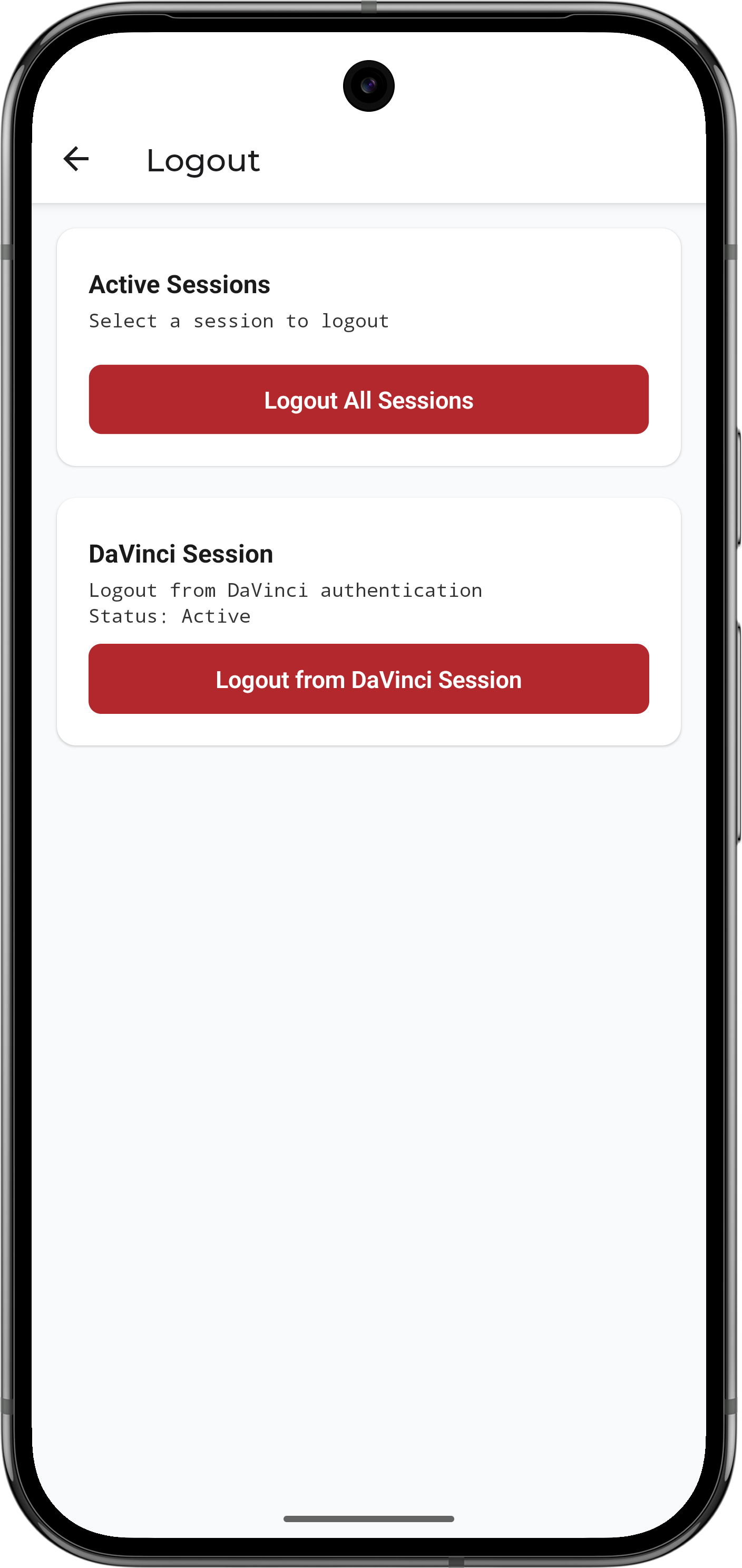 Android screenshot showing the DaVinci logout screen