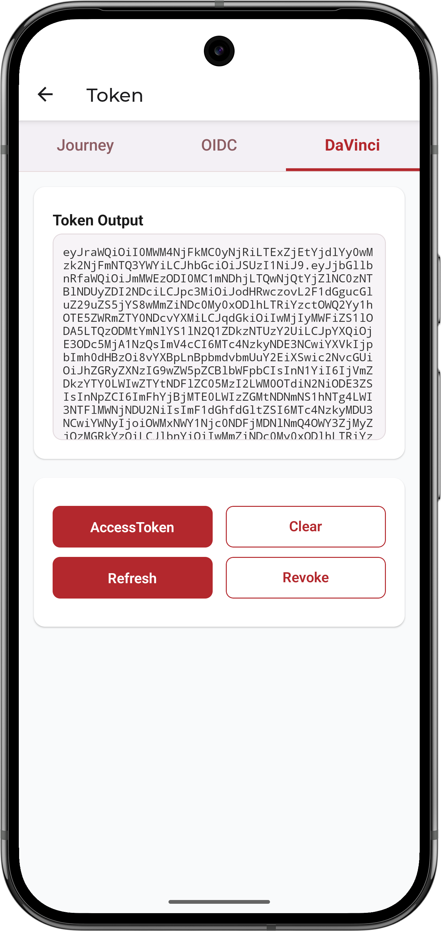 Android screenshot showing the DaVinci access token screen