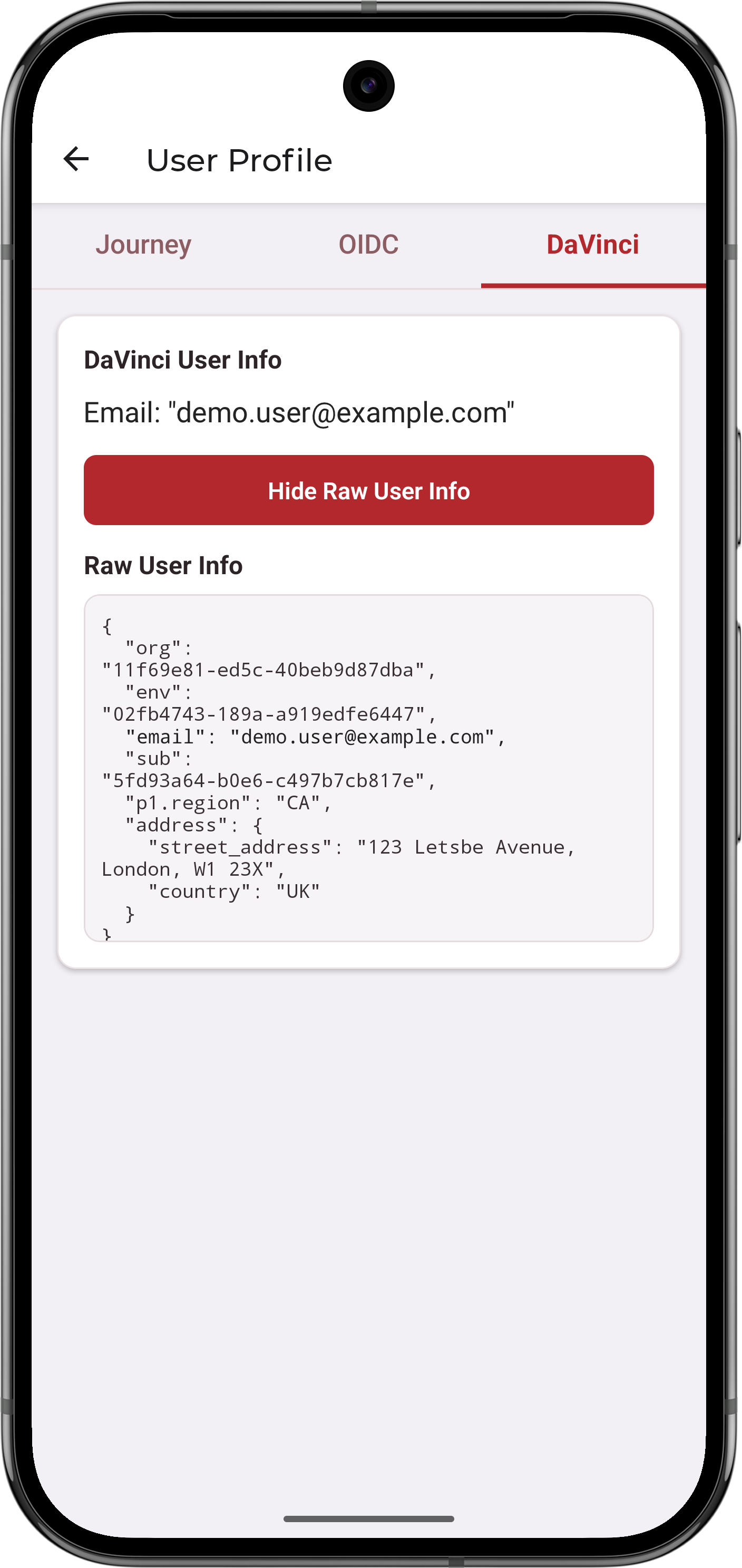 Android screenshot showing the DaVinci user profile screen