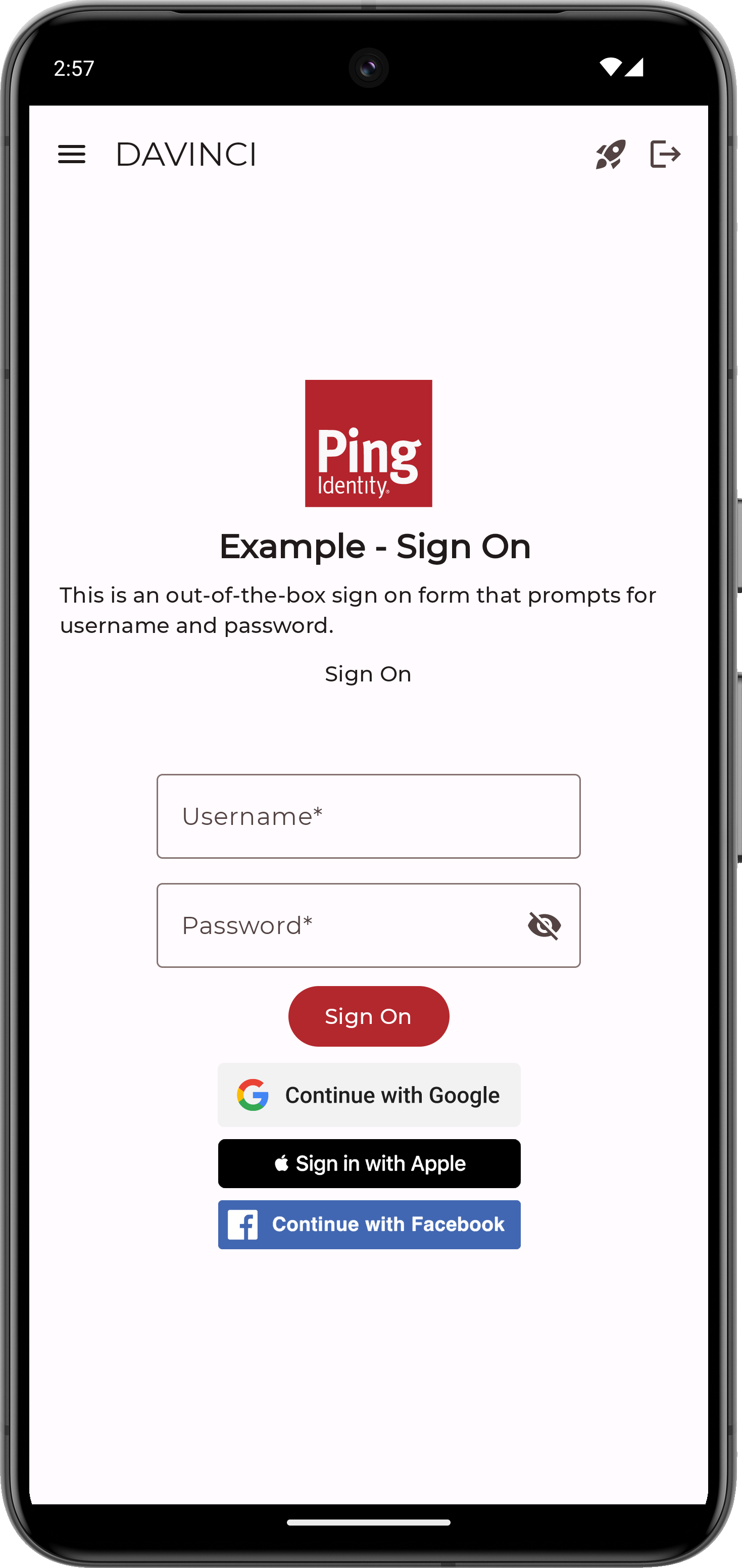 An Android app with three external IdP options; Google, Apple, and Facebook.