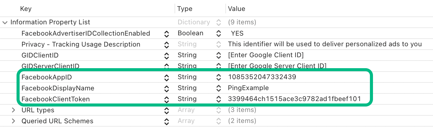 Configuring Facebook social sign-on properties in Xcode.