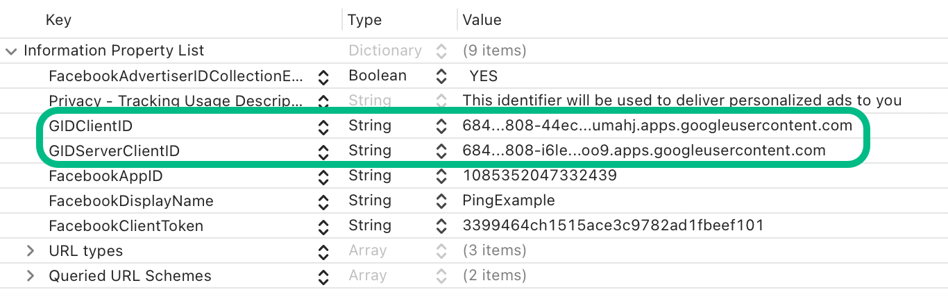 Configuring Google social sign-on properties in Xcode.