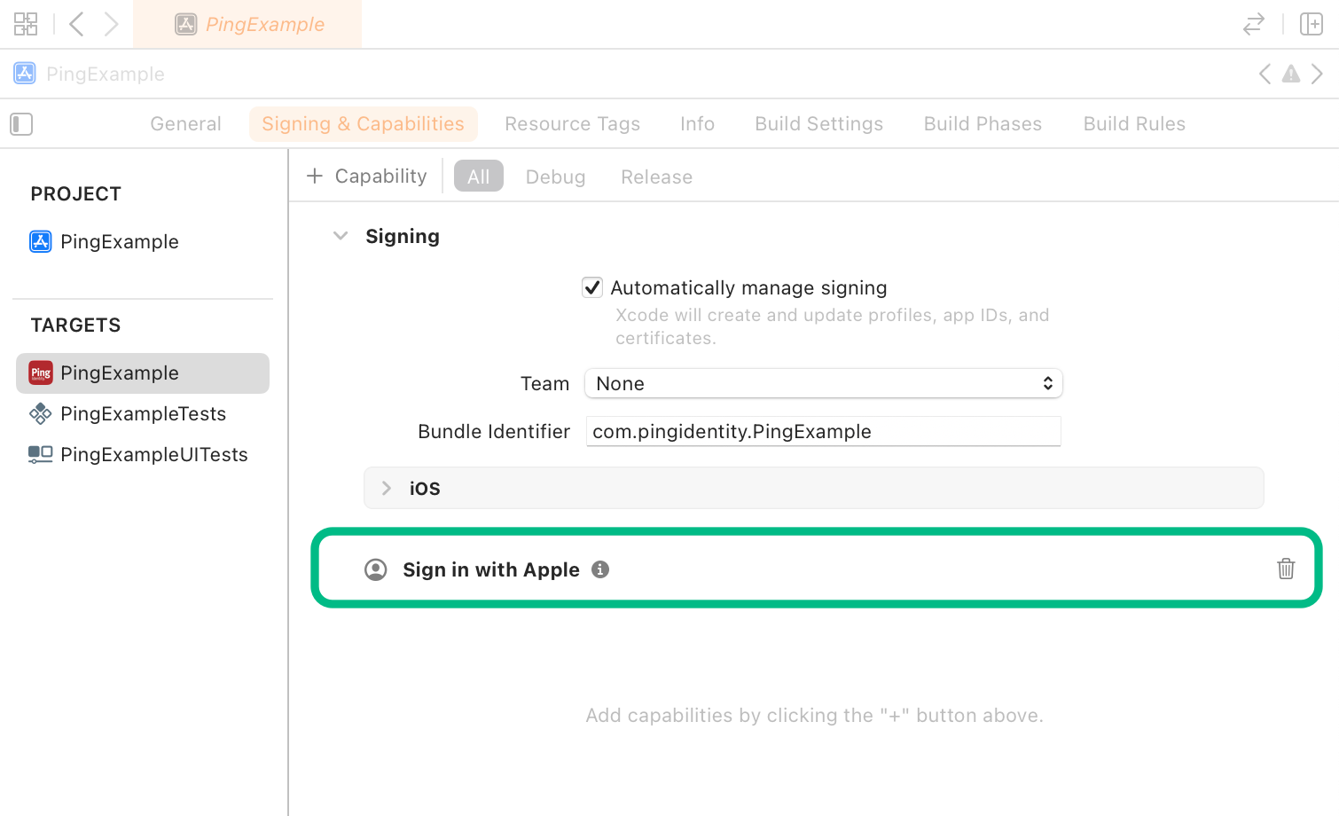 Adding capabilities to an iOS project.