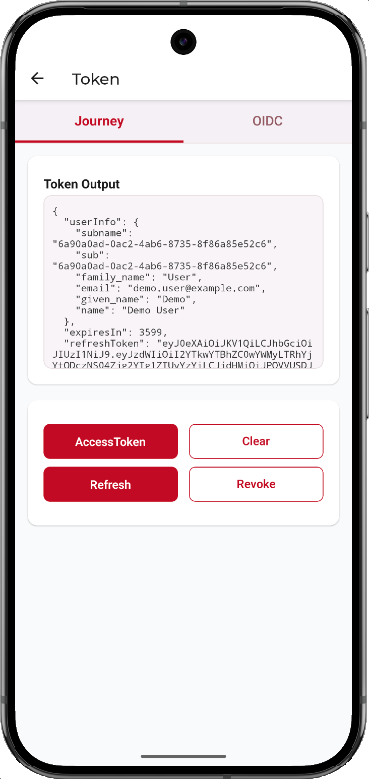 Android sample app showing the access token and OAuth 2.0 user info on the Journey tab of the Token screen