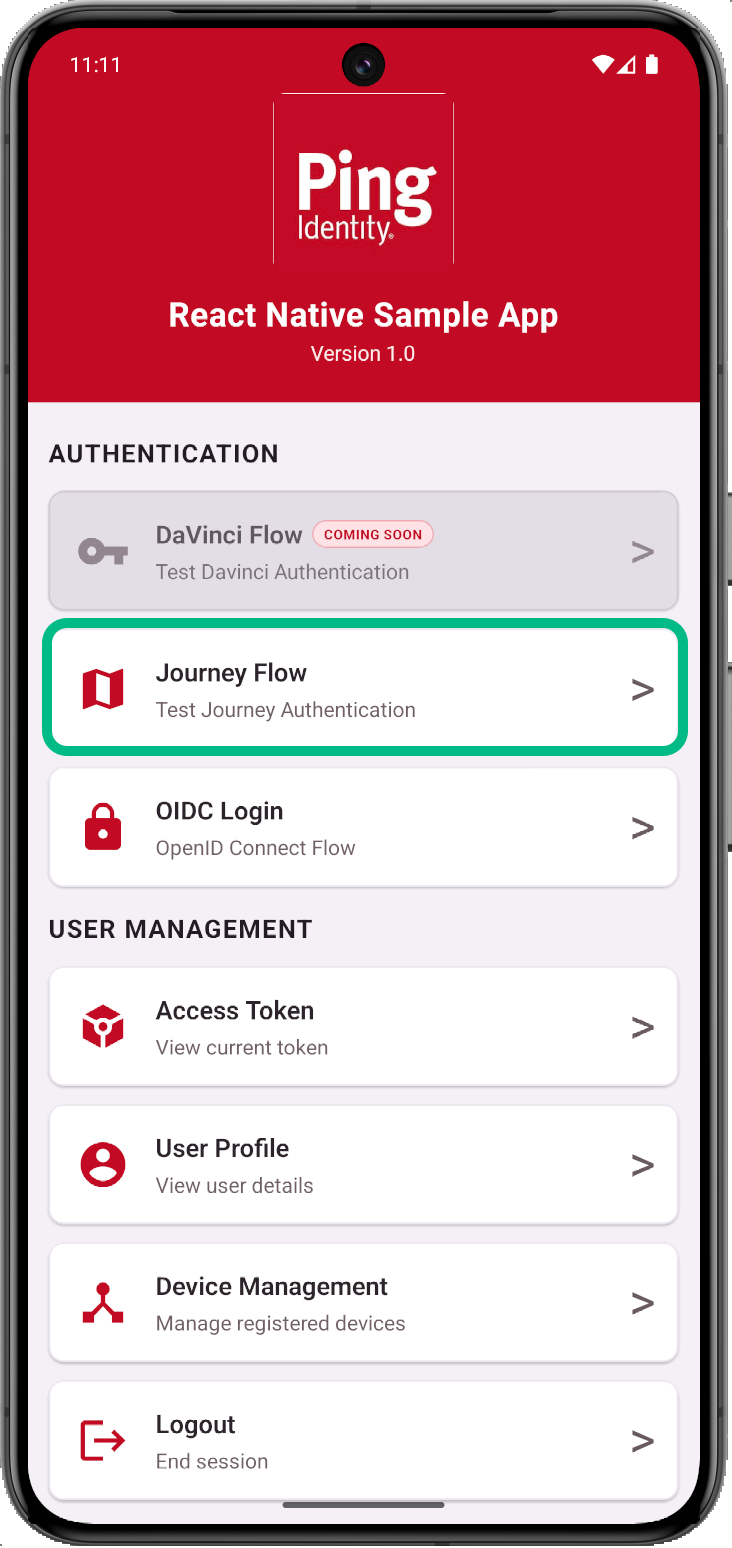 Android sample app home screen showing the Journey Flow option under the Authentication section