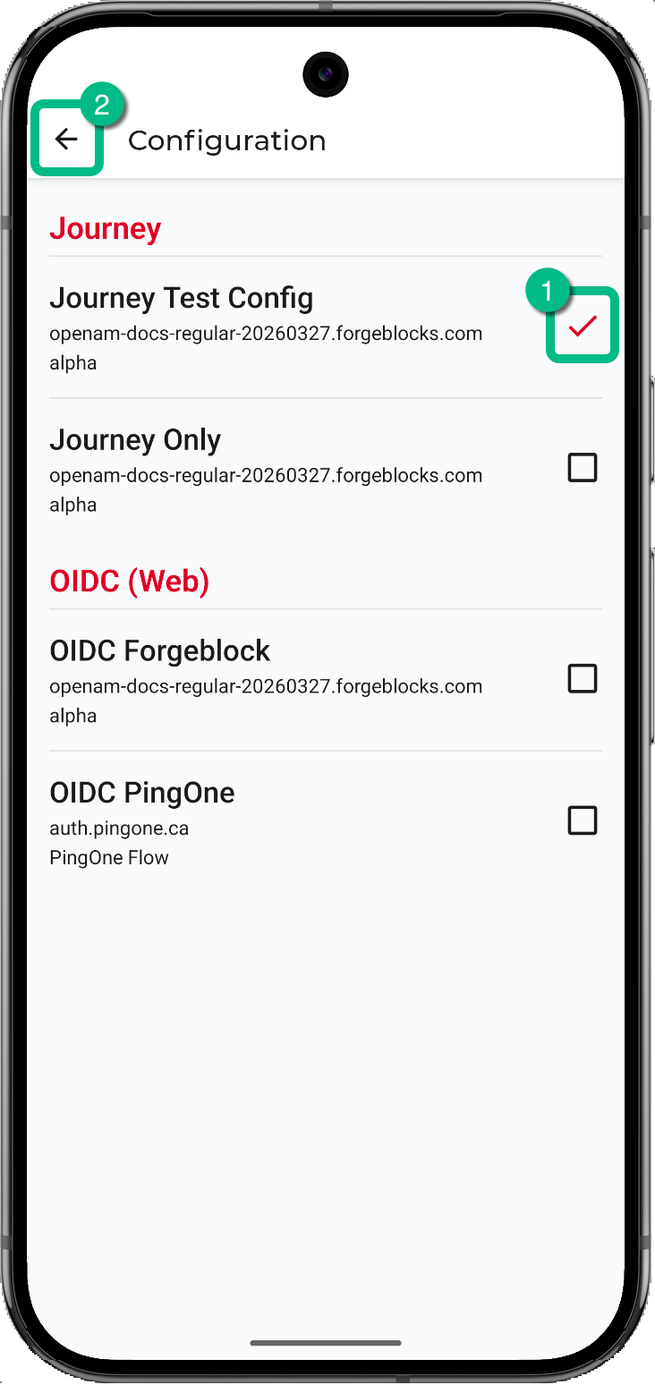 Android sample app showing the Configuration page with Journey Test Config selected