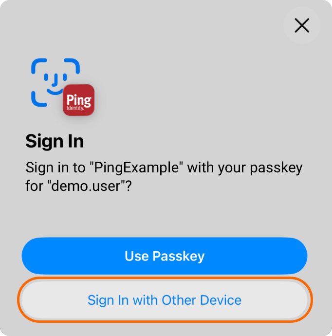An iOS Sign In dialog for a passkey, with a Use Passkey button and a Sign In with Other Device button