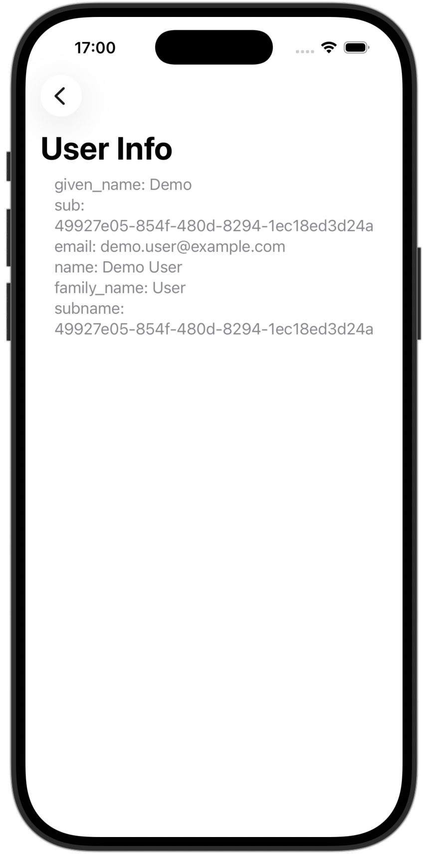 User info in the 'swiftui-oidc-module' sample app