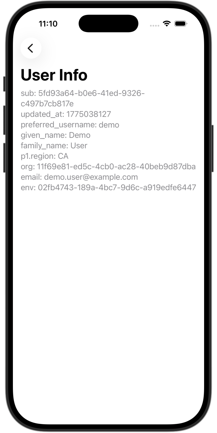 User info in the 'swiftui-oidc-module' sample app