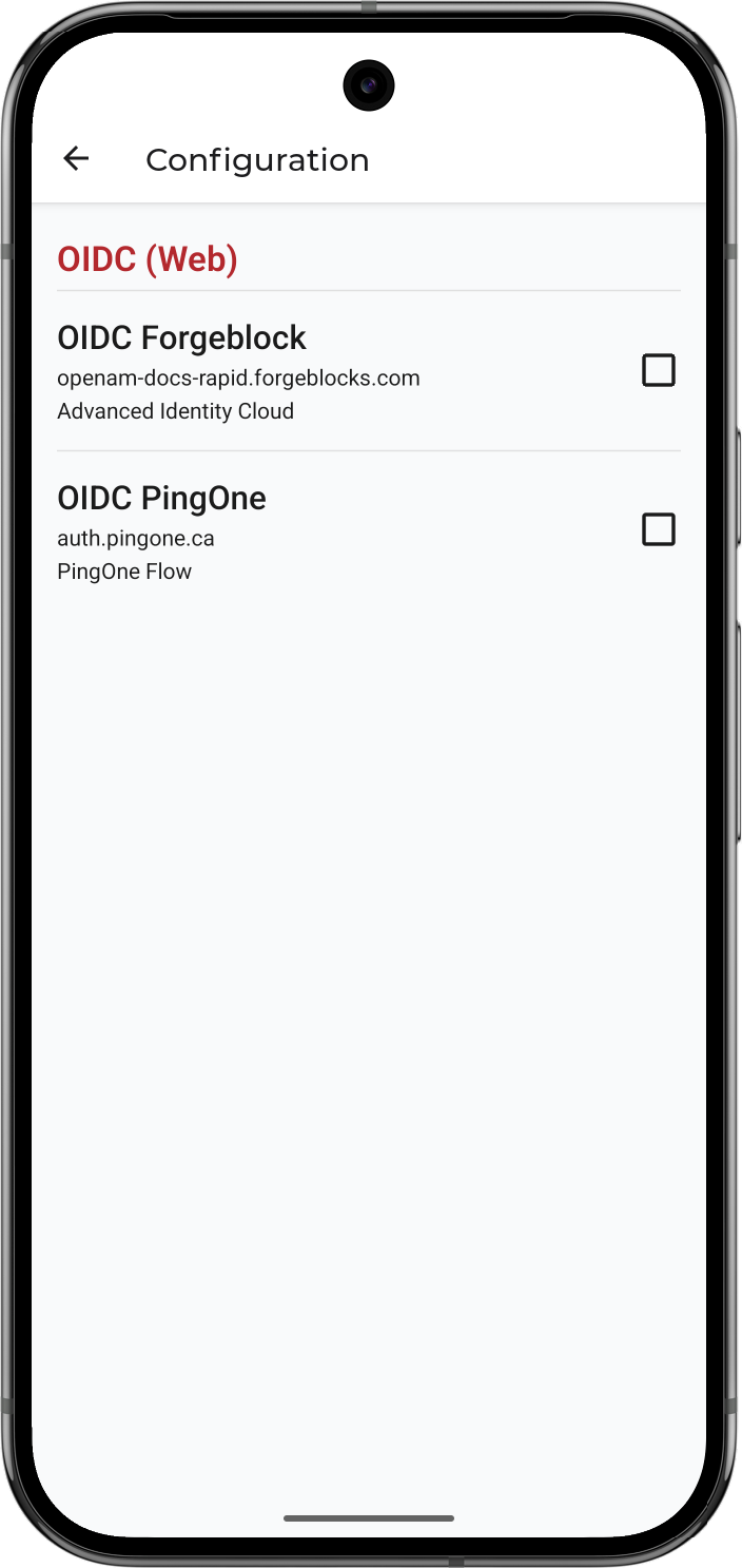 Configuration screen in the 'reactnative-oidc' sample app, listing the servers defined in the .env file