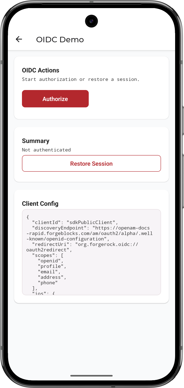 OIDC Demo page in the 'reactnative-oidc' sample app, showing the Authorize button before authentication