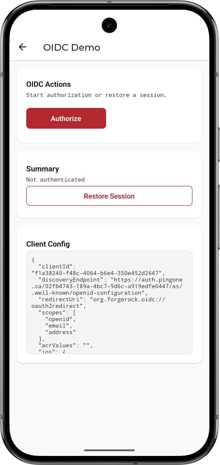 OIDC Demo page in the 'reactnative-oidc' sample app, showing the Authorize button before authentication