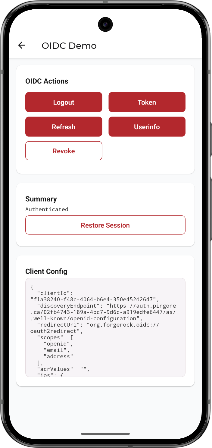 OIDC Demo page in the 'reactnative-oidc' sample app after successful authentication, showing the Logout, Token, Refresh, Userinfo, and Revoke actions