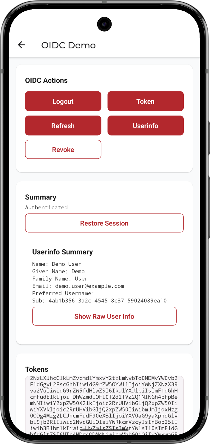 Tokens section in the 'reactnative-oidc' sample app, displaying the raw access, refresh, and ID token values