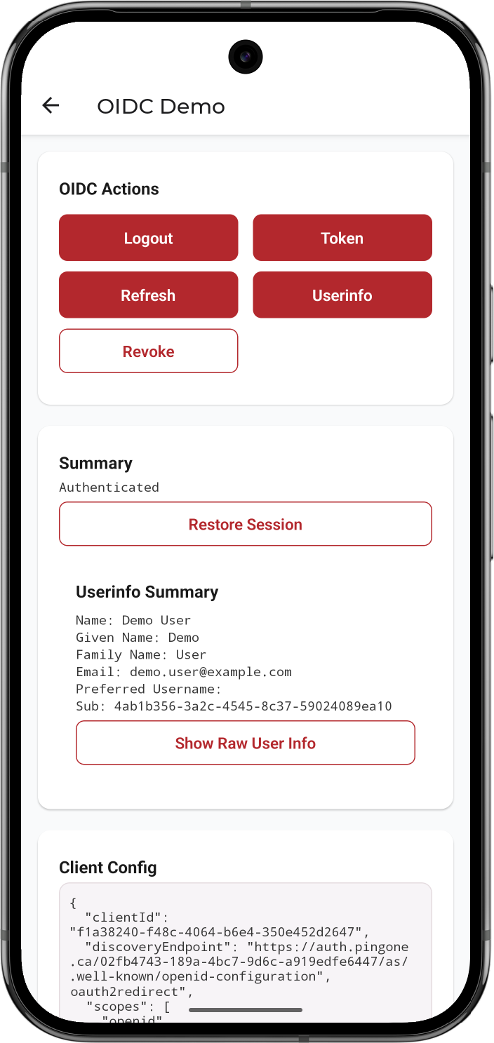 Userinfo Summary section in the 'reactnative-oidc' sample app, showing the authenticated user’s name, email, and subject identifier
