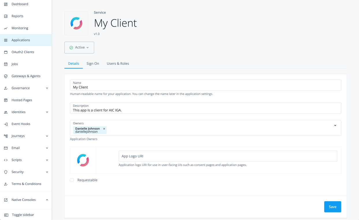 View the new client application page in the admin UI